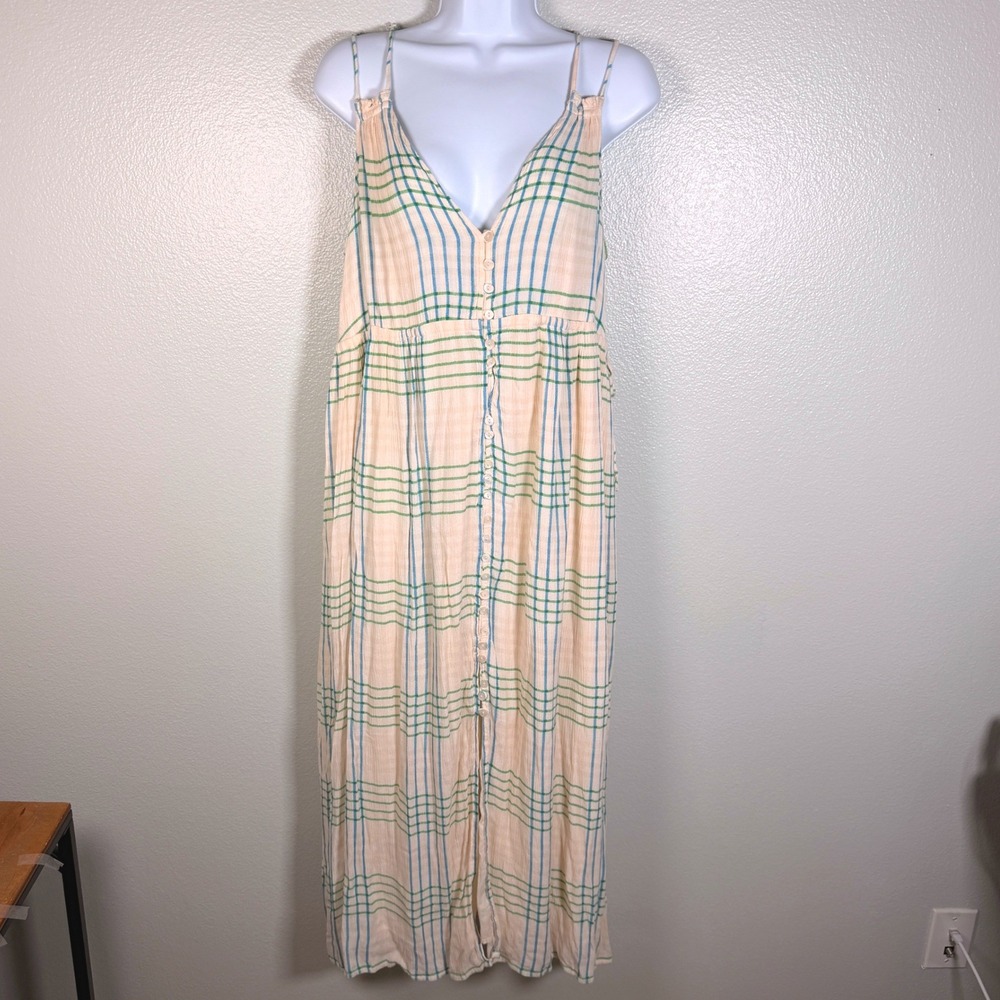 Urban Outfitters Plaid Gauze Button Front Maxi Dress Peach Blue Green Large